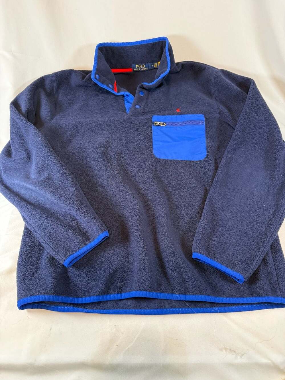 Polo Mens Ralph Lauren Fleece Pullover Size M Blue Snap Neck Pocket Old Money Qu